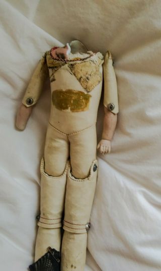 ANTIQUE SEWN LEATHER SAWDUST DOLL BODY FOR PARTS/REPAIR/art 11 