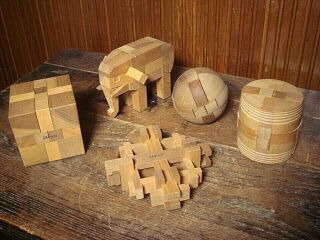 5 Vintage Wood Puzzles Brain Teasers Cube Elephant Sphere Barrel Made In Japan