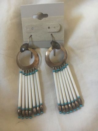 Vintage Old Pawn Sterling Silver & Turquoise Navajo Made Dangle Hook Earrings