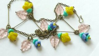 Czech Blue And Yellow Flower Glass Bead Necklace Vintage Deco Style