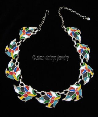 Vintage Modernist Colorful Multi Color Enamel Abstract Leaf Silver Link Necklace
