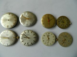8 Vintage Gents Wristwatch Movements & Dials For Spares