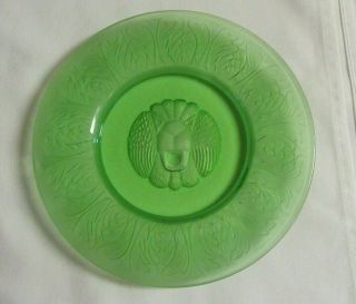 2 Vtg.  Swedish Pukeberg Lion Head Green Vaseline Uranium Glass Plates Art Deco