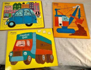 3 Vintage Playskool Preschool Wood Puzzles Steam Shovel Family Drive Truck