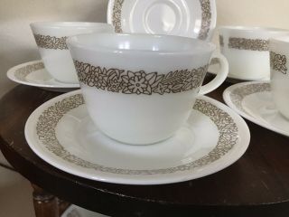Corelle Vintage Pyrex Tea Coffee Cups And Saucers In Woodland Pattern (set Of 7)