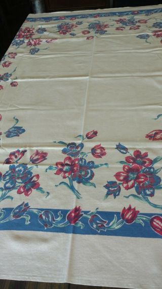 Vintage Cotton Table Cloth 48 " X 46 " White With Red & Blue Tulips & Flowers
