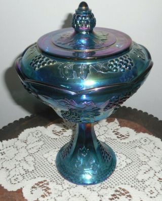 Vintage Indiana Blue Grapes Carnival Glass Covered Pedestal Candy Dish 10.  5/8 "