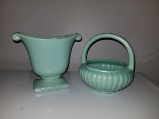 2 Vintage Ceramic Pottery Turquoise Aqua Vase & Basket Dish Ribbed