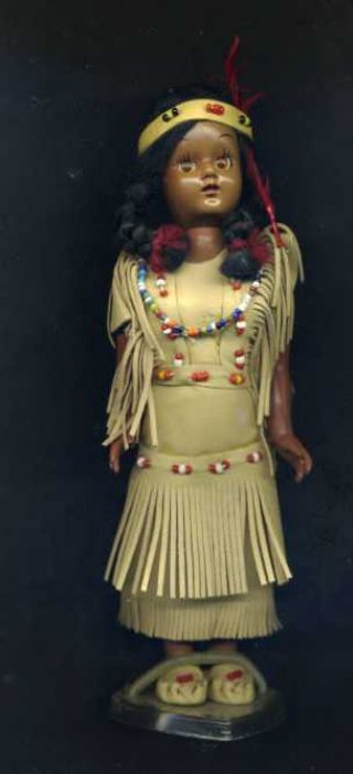 Vintage Native American Indian Plastic Doll Baby Back Leather And Beads Clothes