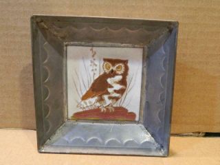 Enamel Owl On Tile Hand Painted Shadow Box Frame In Steel Vintage