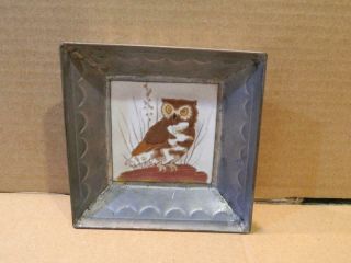 Enamel Owl on Tile Hand Painted Shadow Box Frame in Steel Vintage 2