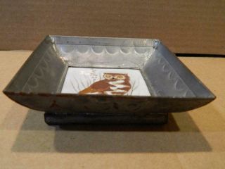 Enamel Owl on Tile Hand Painted Shadow Box Frame in Steel Vintage 4