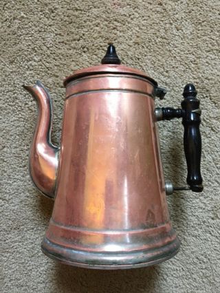 Vintage Copper Coffee Pot Carafe With Lid And Wooden Handle