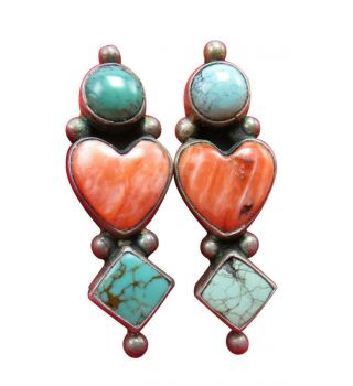 Del Vintage Sterling Silver Pierce Earrings Turquoise Coral Heart Southwest 581m
