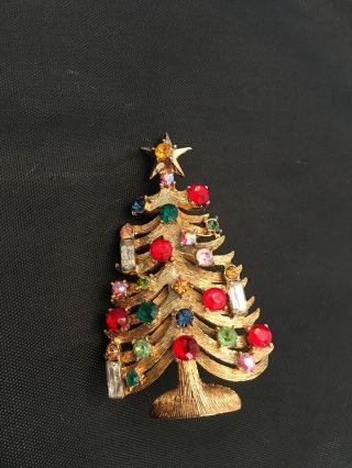 Signed Weiss2.  50” Vintage Rhinestone Christmas Tree Pin - Multistones On Gold