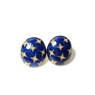Vintage Blue Enamel Gold Tone Faux Diamond Oval And Stars Clip On Earrings