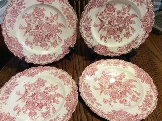 (4) Vintage 9 3/4”crown Ducal England Bristol Pink Transferware Dinner Plates