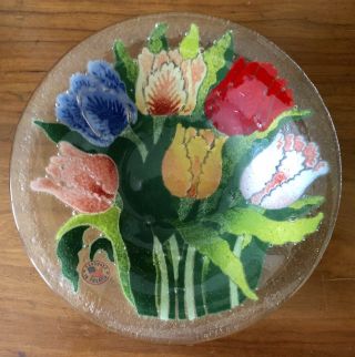 Vintage Retired Peggy Karr Fused Art Glass Rnd Colorful Spring Tulip Flower Bowl