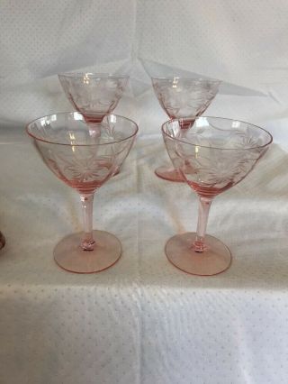 4 Vintage Pink Depression Etched Stemmed Glasses 5 1/4 "