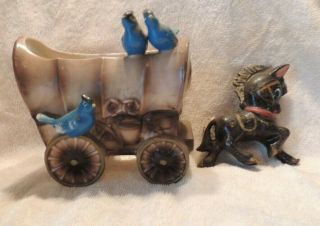 Vintage Ceramic Covered Wagon Horse Mule Planter Blue Birds