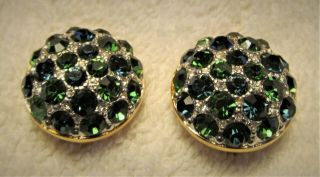 Vintage Swarovski Crystal Earrings - Round Clip On - Emerald Green/sapphire Blue