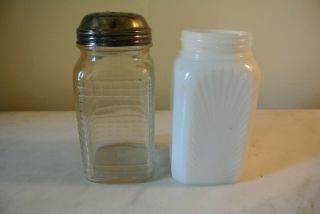 2 Vintage White Milk Glass Shakers Sunray & Clear Waffle 4 1/2 Inches Tall