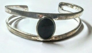 Vintage Handcrafted Silver Plated Double Cuff Bracelet W/black Onyx Stone Center