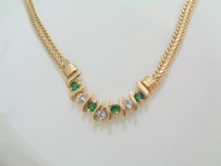 Vintage Necklace Flat Gold Tone Chain W,  Clear & Green Crystals 16 "
