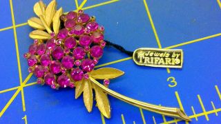 Vintage Signed Crown Trifari Red Rhinestone Brushed Gold Brooch - W/tags
