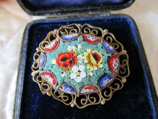 Vintage Micro Mosaic Brooch Pin Italian Flowers Multi Coloured Gold Tone Marked