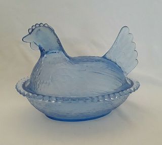 Vintage Blue Indiana Glass Hen On Nest Nesting Chicken Covered Dish Farmhouse