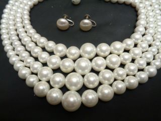 Vintage Multi 4 Strand White Faux Pearl Beaded Necklace & Earrings