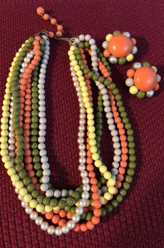 Vintage Multicolored 7 Strand Necklace Clip Earring Set Costume Jewelry Beads