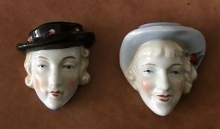 2 Vintage Porcelain Japan Woman Lady Head Hat Blonde Vase Wall Pocket