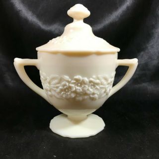 Vintage Floral Pattern Milk Glass Pedestal Sugar Bowl With Lid