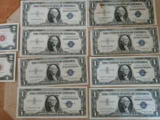 Vintage Silver Certificates And 2 Dollar Bills.