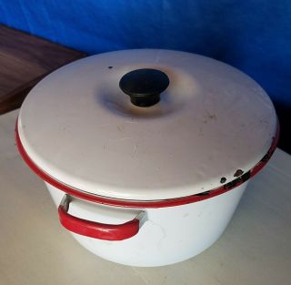 Enamelware Vintage Porcelain Red/white Pot With Lid