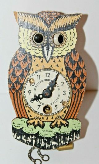 Vintage Made In Germany Wind Up Moving Eyes Owl Clock