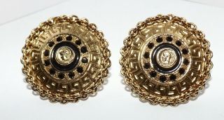 Vintage Greek Key Roman Coin Black Enamel Gold Tone Rope Clip On Earrings
