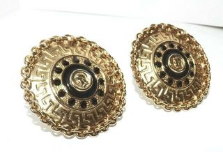 Vintage GREEK KEY ROMAN Coin Black Enamel Gold tone Rope Clip On Earrings 2