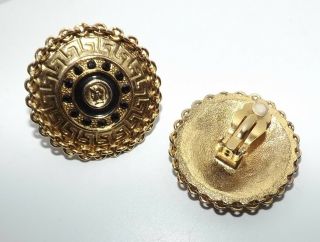 Vintage GREEK KEY ROMAN Coin Black Enamel Gold tone Rope Clip On Earrings 4