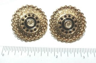 Vintage GREEK KEY ROMAN Coin Black Enamel Gold tone Rope Clip On Earrings 5