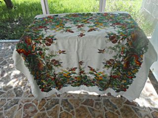 Large Vtg Hunting Tablecloth Fabric Dogs Ducks Rabbits Deer Rifle Colorful