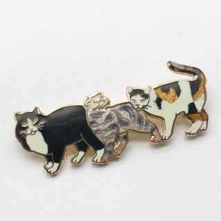 Vintage Ladies Costume Jewellery Enamel Cat Cats Crown And Fish Pin Brooch