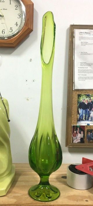 Vtg Retro Mid Century Green Glass Viking Stretch Swung Vase 22 1/2 "