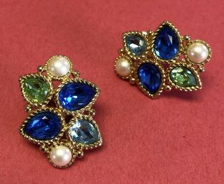 Vintage Monet Gold Tone Blue And Green Crystal Rhinestone Clip On Earrings