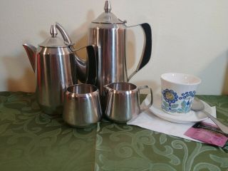 Vintage Mid Century Oneida Coffee & Tea Pot Set Stainless Steel Sugar Creamer