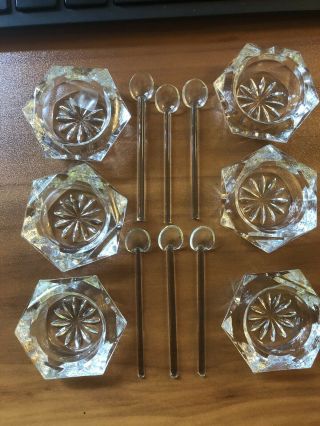 Set Of Six 6 Vintage Czech Crystal Salt Cellars Dips With 6 Spoons