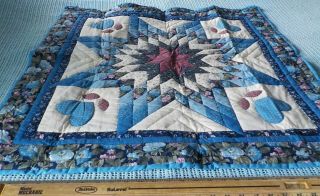 Vintage Cotton Hand Quilted Star Quilt 34 " Square Blues Pinks Wall Hanging