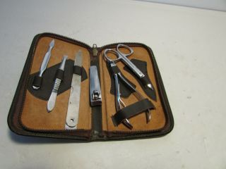 Vtg Leather Zippered Manicure Grooming Travel Kit Made In Germany 6 Piece Set